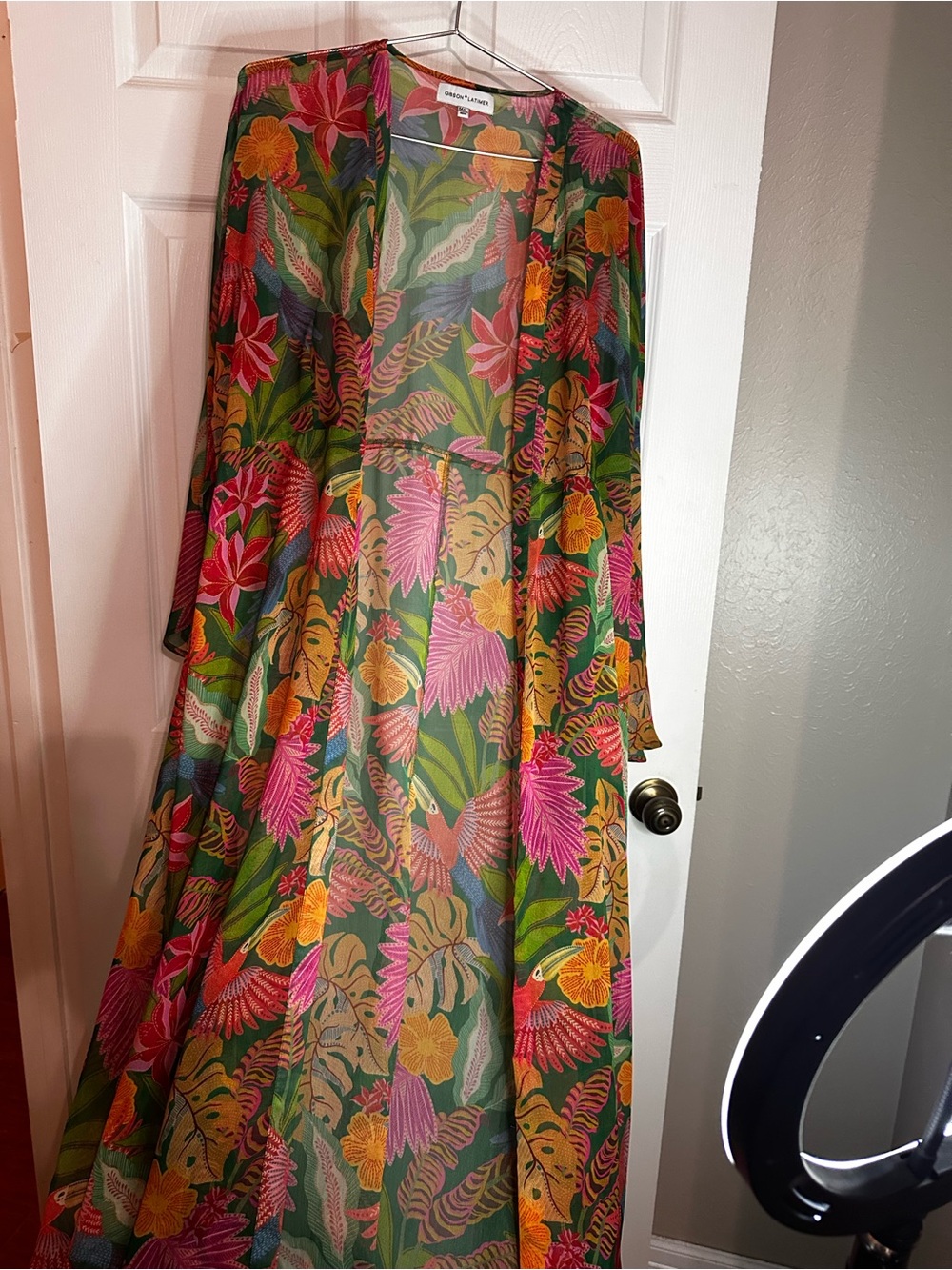 Gibson Sheer Floral Maxi Kimono Jacket - Green, Pink & Yellow